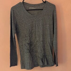 Eddie Bauer Women's Gray Long Sleeve Tree Print Top